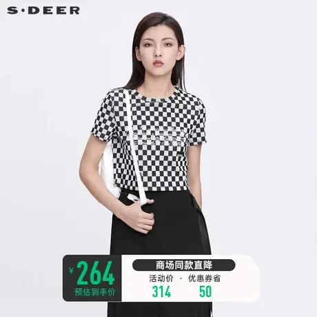 sdeer圣迪奥夏装个性圆领格纹字母修身短款T恤女S22280174图片