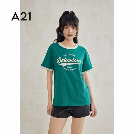 A21美式短袖T恤女士夏季纯棉撞色字母设计感拼色上衣商品大图