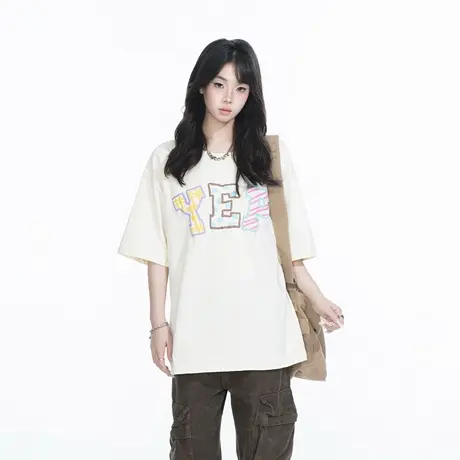 YEP2025春夏新款潮酷发泡印花T恤情侣款街头美式复古宽松半袖上衣商品大图