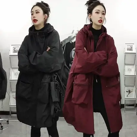 连帽拉链双兜外套下摆抽绳时尚户外休闲百搭宽松中长款纯色冲锋衣商品大图