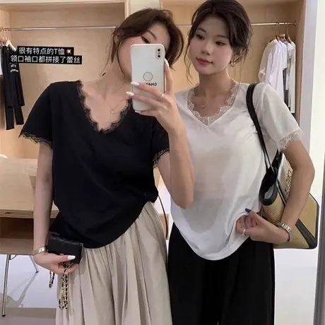 气质高级感V领短袖T恤女夏季韩版宽松蕾丝花边拼接设计感半袖上衣图片