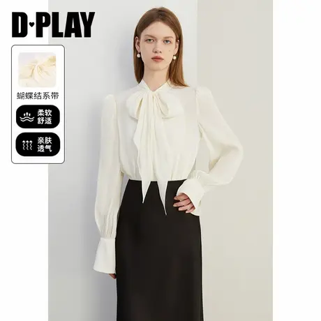 DPLAY秋季气质通勤白色领口蝴蝶结系带设计泡泡袖衬衫上衣商品大图