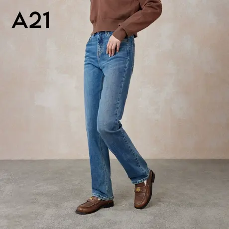 A21女装合体弹力高腰小直筒牛仔裤春秋季新品休闲百搭复古长裤商品大图