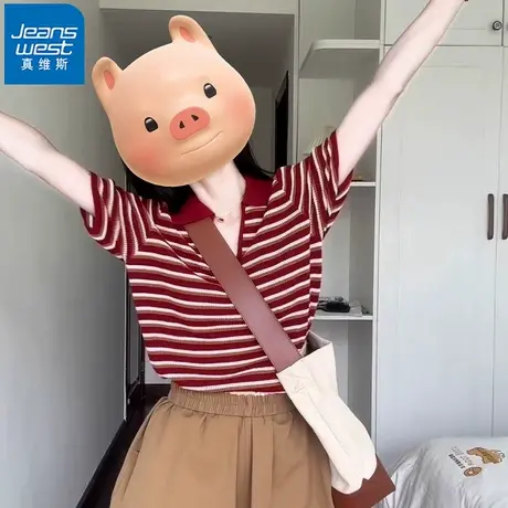 NR真维斯红色条纹针织短袖t恤女装夏季美式辣妹小众独特别致上衣商品大图