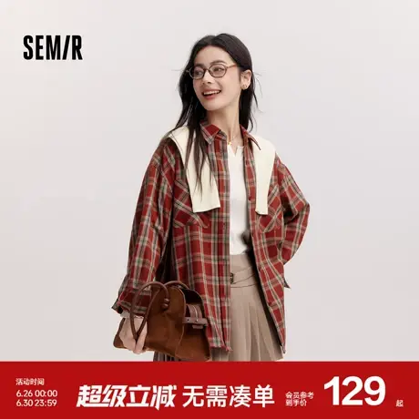 [商场同款]森马长袖衬衫女中长款oversize春2025新款格纹上衣复古图片