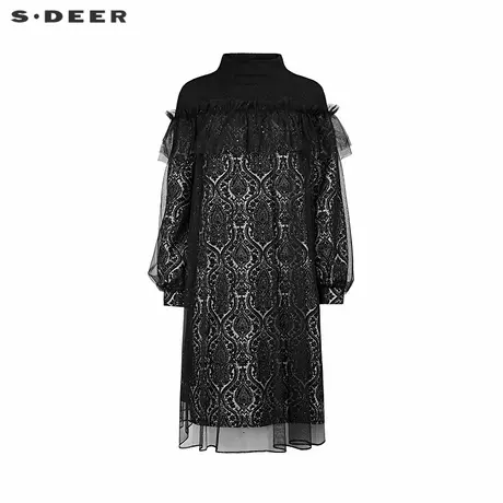 sdeer圣迪奥女装半高领网纱抽褶印花连衣裙S244Z12A4商品大图
