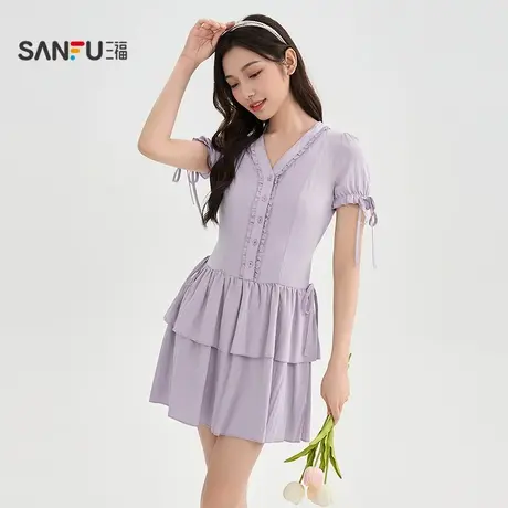 三福连衣裙2025夏季甜美V领绑带蝴蝶结收腰裙子女装506767商品大图