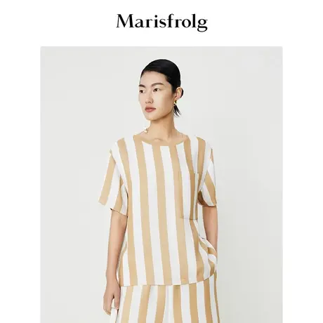 【艺术匠坊】玛丝菲尔夏季撞色条纹圆领休闲短袖T恤女商品大图