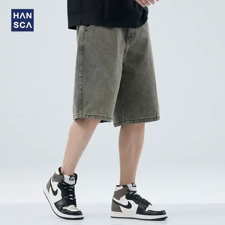 hansca休闲复古牛仔短裤男2023夏季薄款潮牌怀旧宽松直筒阔腿中裤图片