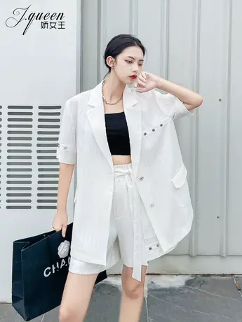 短袖西装外套女夏季薄款宽松休闲防晒小西服绑带阔腿五分裤两件套商品大图