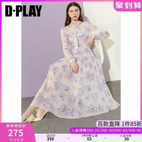 DPLAY2023秋氛围感蝴蝶结飘带压褶迷雾紫蔷薇印花度假大摆连衣裙图片