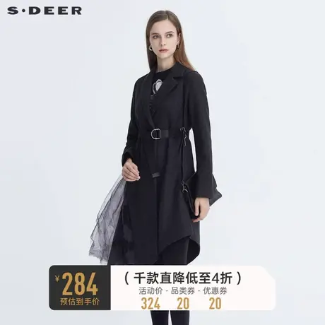 sdeer圣迪奥秋冬休闲翻领收腰拼接网纱印花毛呢大衣女S20481706🗃商品大图