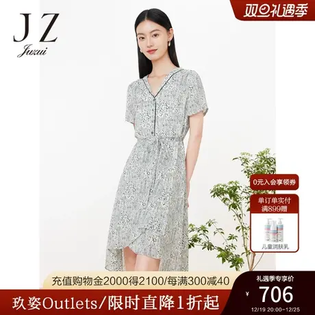 JZ玖姿图案印花短袖连衣裙女装2023夏季新款轻盈感收腰荷叶边裙子商品大图