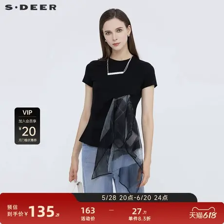 【sdeer奥莱】圣迪奥女装个性圆领印花拼接短袖T恤S21280140图片