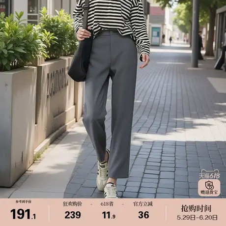 娅丽达春新款防晒直筒裤女九分裤子灰色西装裤弹力休闲裤黑色西裤商品大图