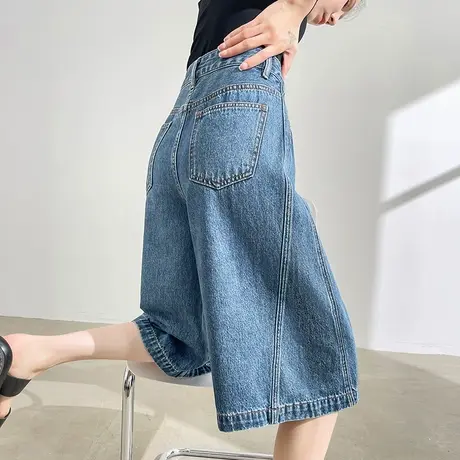 六分牛仔短裤女夏季薄款高腰直筒宽松显瘦潮流拼接阔腿五分中裤子商品大图