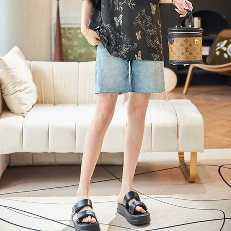 宝诗黎韩系烫钻拼接蓝色牛仔短裤夏季宽松阔腿高腰裤百搭直筒裤女商品大图