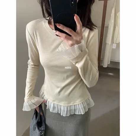 春秋季新款韩版简约气质调性波边拼接设计感长袖t恤女打底衫上衣图片