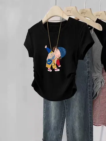 甜辣复古风短款t恤女hiphop小飞袖别致上衣夏大码胖mm显瘦短袖潮商品大图