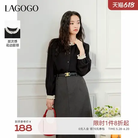 LAGOGO黑色圆领衬衫女拉谷谷2025年春季新款蕾丝法式优雅气质上衣商品大图