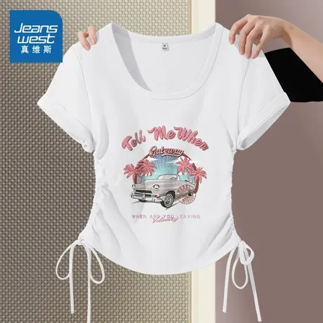 JR真维斯U领抽绳短T恤女装夏季新款学院风修身显瘦短款半袖上衣商品大图