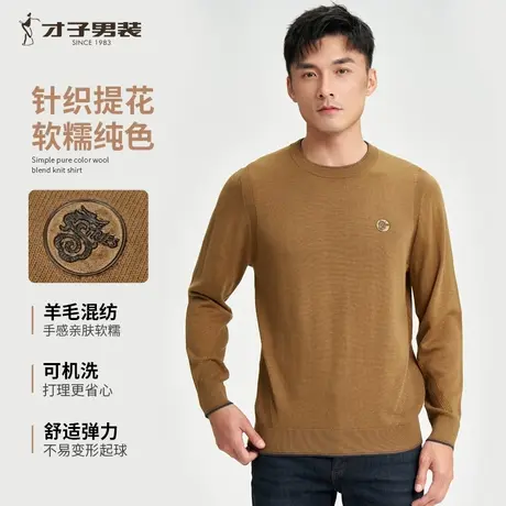 才子男装羊毛衫男2024秋季新款简约纯色打底内搭圆领套头针织毛衣商品大图