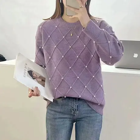 钉珠设计感圆领针织衫女秋冬季2023年宽松新款菱形长袖针织上衣潮图片