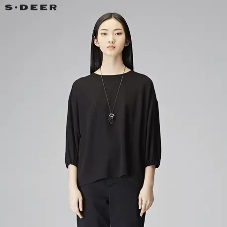 sdeer圣迪奥秋装潮简约线迹宽松套头中袖圆领T恤女S18180219图片