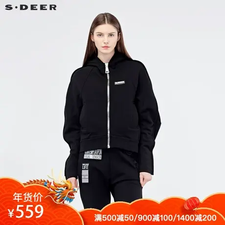 sdeer圣迪奥2019秋装新款女休闲纯色连帽短款卫衣S19182235图片