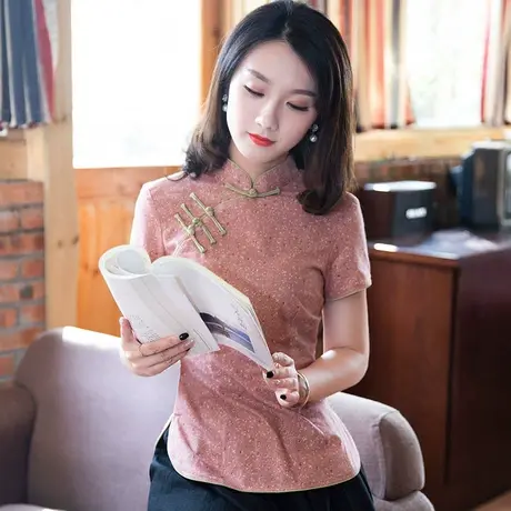 筠雅唐装女中国风旗袍式上衣年轻款粉色短袖棉麻盘扣茶服中式女装商品大图