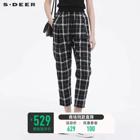 sdeer圣迪奥抽绳松紧插袋格子裤休闲修身直筒长裤女夏S22280835图片