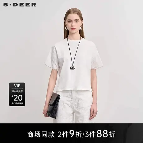 【商场同款】sdeer圣迪奥女圆领绣花不规则开叉短袖T恤S25280108图片