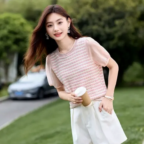 时尚短袖T恤2024年夏季新款女圆领条纹气质温柔百搭简约针织上衣商品大图