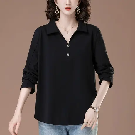 中老年妈妈长袖T恤女春秋宽松加肥加大码女装休闲显瘦翻领打底衫图片