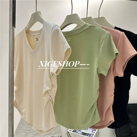 笑脸刺绣V领短袖t恤女夏褶皱收腰显瘦百搭正肩小个子上衣短款ins商品大图