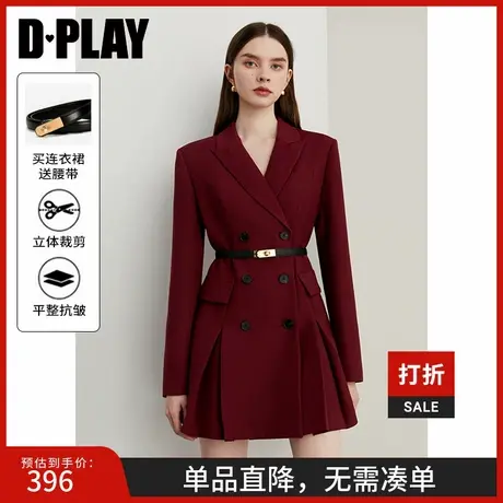 DPLAY2025春季新款休闲红色西装领西装连衣裙双排扣长袖连衣裙女商品大图