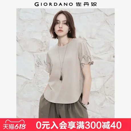 设计师款佐丹奴花边短袖T恤女纯色减龄圆领宽松针织T恤女18325513图片