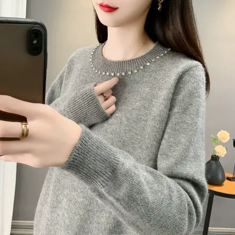 2024秋冬新款韩版宽松软糯毛衣女钉珠圆领套头针织衫上衣百搭打底图片