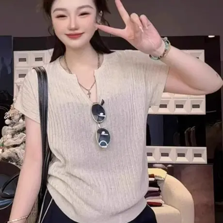 冰丝针织衫正肩短袖T恤女夏季韩系设计感小众宽松显瘦慵懒风上衣图片