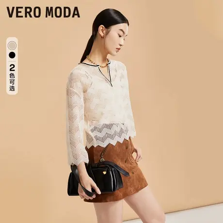 Vero Moda奥莱上衣女秋冬新款宽松圆领镂空编织七分袖微透百搭图片
