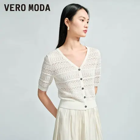 Vero Moda奥莱针织短袖女春秋新款V领镂空短款开衫简约气质毛衣商品大图