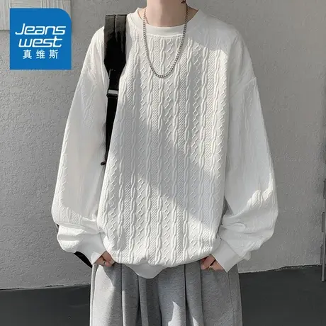 N5真维斯男士圆领卫衣2025秋季新款美式宽松立体提花长袖春秋上衣商品大图