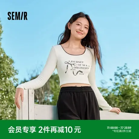 森马长袖T恤女短款蝴蝶结字母甜美2024新款秋季温柔蕾丝紧身上衣商品大图