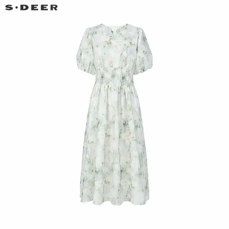 sdeer圣迪奥女装25年新品田园风V领印花短袖连衣裙S252Z1290商品大图