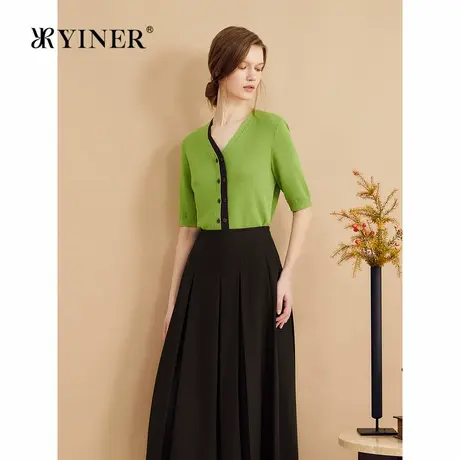 【博主同款】YINER音儿秋季桑蚕丝毛针织衫撞色V领上衣商品大图