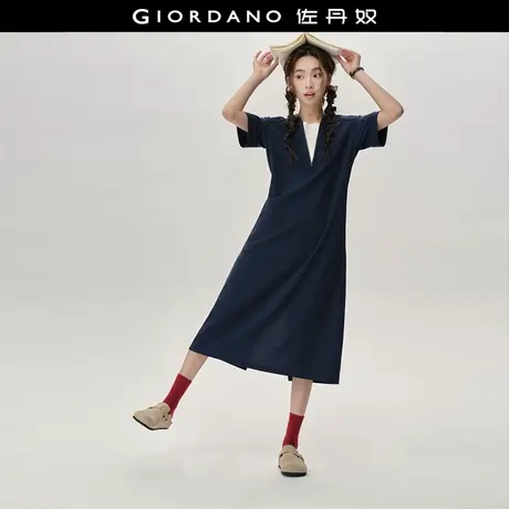 设计师款佐丹奴假两件连衣裙女夏新款V领半拉链短袖裙子18465221商品大图