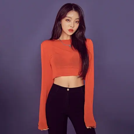 爵士舞蹈宽松长袖橘红色上衣轻薄微透显胸女短款帅气辣妹防晒t恤图片
