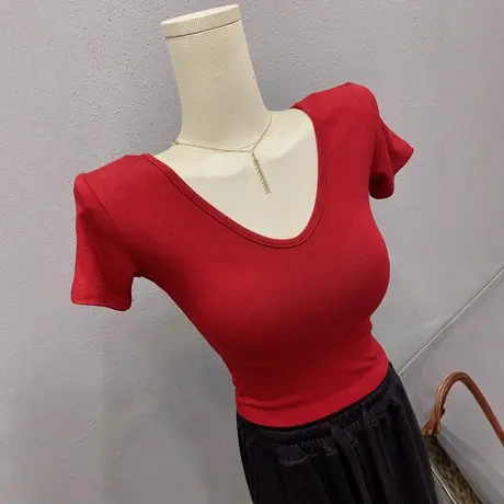 紧身性感V领垫肩上衣内搭纯色百搭显瘦T恤女短袖夏季短款辣妹小衫图片