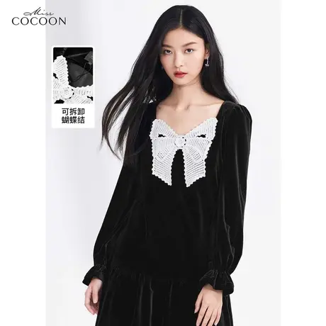 如花在野|miss cocoon黑色丝绒连衣裙女2023新款小个子蝴蝶结裙子商品大图