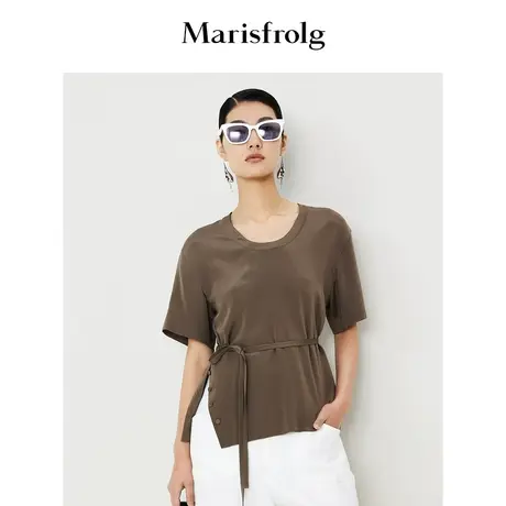 【6A级桑蚕丝】玛丝菲尔上衣夏季咖色U型领收腰短袖T恤女图片